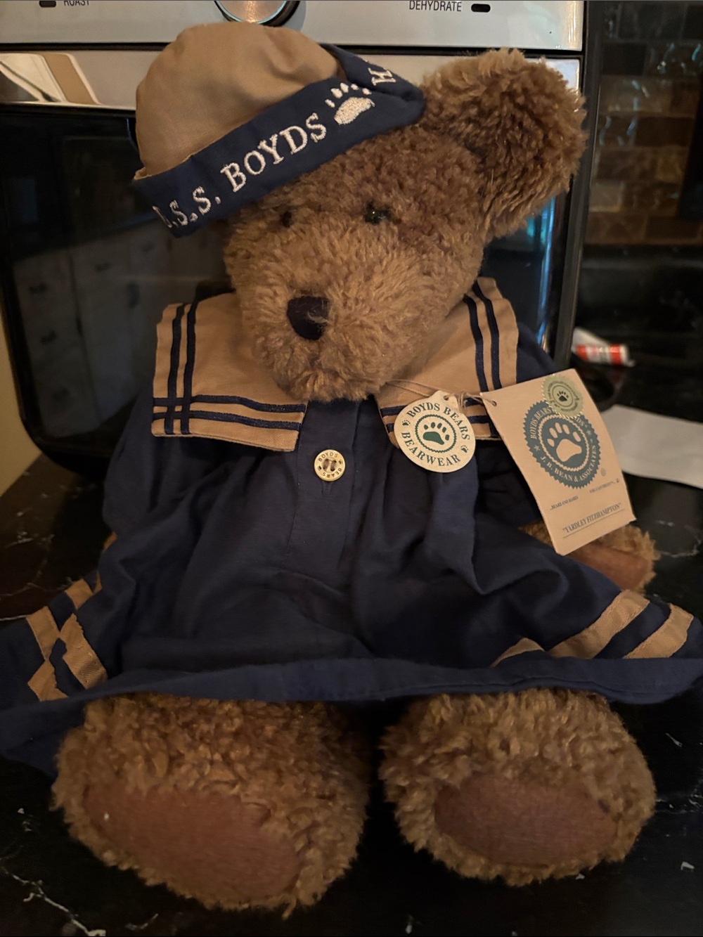 Boyds Bears Brown Teddy in Navy & Tan Sailor Outfit. Yardley Fitzhampton.